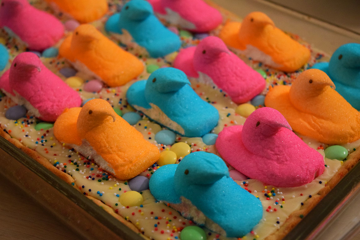 Sprinkle Covered Sugar Cookie Bars with Peeps on top