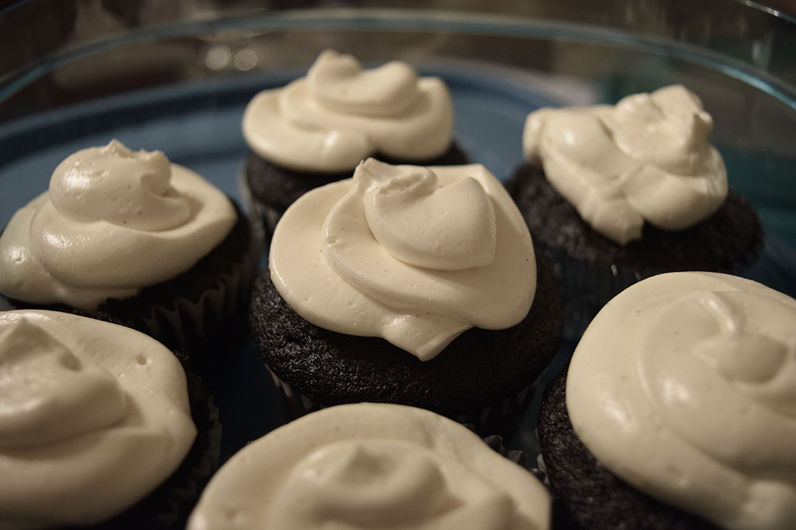Vanilla Cooked Buttercream Frosting on chocolate cupcakes