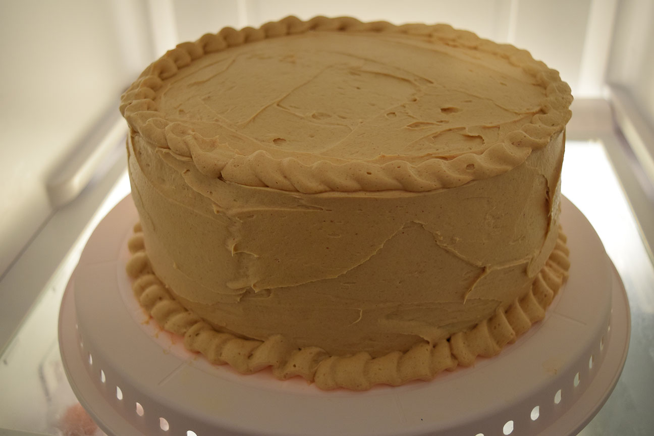 Peanut butter banana cake with peanut butter frosting and banana filling