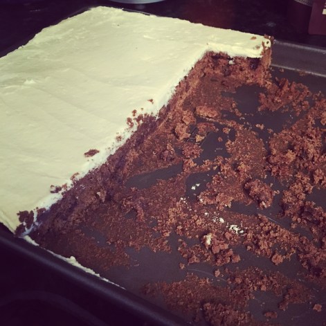 Half of a left over Chocolate Malt Sheet Cake with Malted Vanilla Frosting