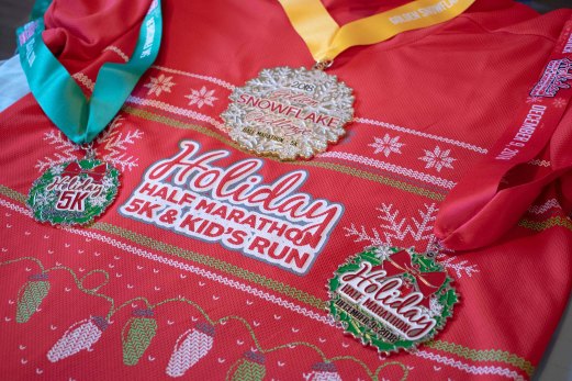 Pomona Holiday Half Marathon & 5K Ugly Sweater Run Shirt & Medals
