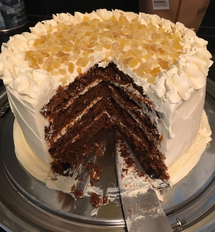 spicy gingerbread layer cake with honey cream cheese frosting